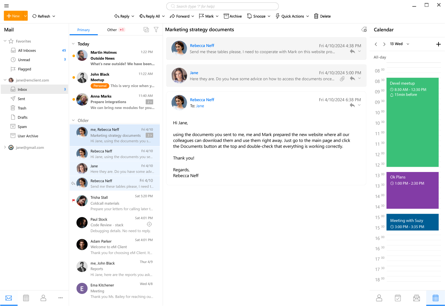 eMClient – Nowoczesny klient poczty dla Windows i macOS - Pasek boczny dziennego planu zadań